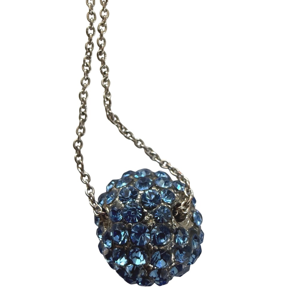 Monet Blue Crystal Pave Ball Pendant Necklace Silver Tone Modern, Flaw Shown - Picture 8 of 11